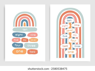 Set of two nursery preschool kindergarten printable educational colorful count to ten 10 wall posters with rainbow for early learning in warm earth bright palette and hand-written childish numbers