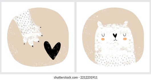 Set of Two Nursery Vector Arts with White Hand Drawn Kitty and Black Heart in a Beige Frame on a White Background.Cute Prints for Cat Lovers.White Cat Paw and Tiny Heart in a Round Frame.Dreamy Kitty.