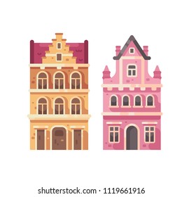 Set of two old city buildings. House facades flat illustration