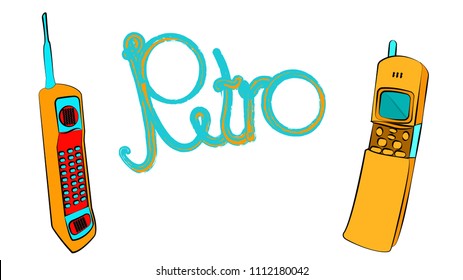 Set of two old different multicolored yellow gold button retro hipster vintage square first mobile phones with long antenna and sliders and retro inscription on white background.