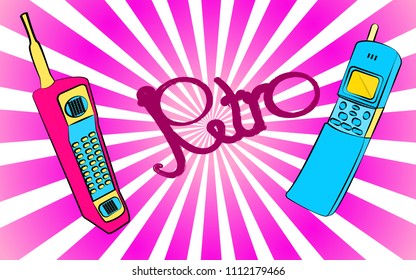 Set of  two old violet and blue retro retro vintage Hipster vintage square first mobile phones with long antenna and sliders and retro inscription on a violet background.