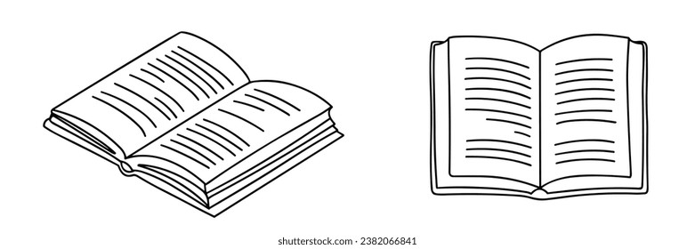 Set of two open books in doodle style. Outline open book. Hand drawn vector illustration.