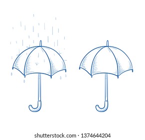 Set of two open umbrellas. One is dry and one with falling rain. Hand drawn doodle vector illustration.