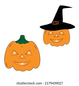 A set of two orange Halloween pumpkins with festive elements such as glowing eyes and a witch hat.