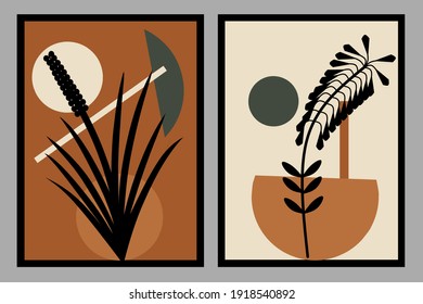 Set two of organic pattern and bontanical flowers boho wall decor. Minimalist neutral color of wall decor. Vector Ilustration wall Decorations. Can use for poster, wallpaper and social media.