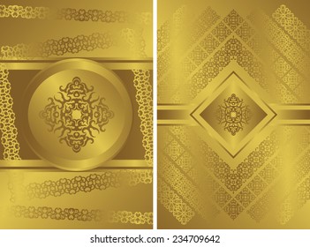 Set of two original cards. Modern invitation with vintage decoration in a gold               