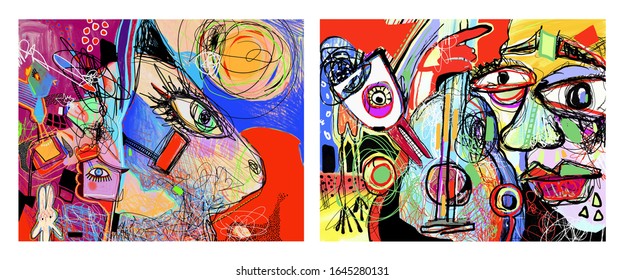 set of two original contemporary art composition, artistic vector illustration 