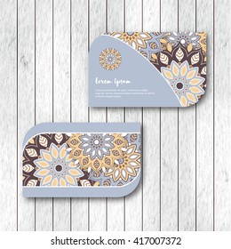Set of two ornamental floral mandala cards, visiting template, blue color. Vintage decorative elements. Indian, asian, arabic, islamic, ottoman motif. Vector illustration.