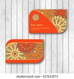 Set Of Two Ornamental Floral Mandala Cards, Visiting Template, Red, Beige Color. Vintage Decorative Elements. Indian, Asian, Arabic, Islamic, Ottoman Motif. Vector Illustration.