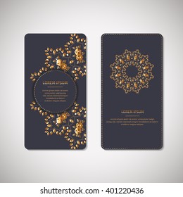 Set of two ornamental gold cards, flyers with flower oriental mandala on dark blue background. Ethnic vintage pattern. Indian, asian, arabic, islamic, ottoman motif. Vector illustration.