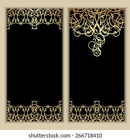 SEt of two  ornate cards in arabian style. Golden decor with floral ornaments. Template ornamental frame for greeting card and wedding invitation. Filigree  border. Vector illustration