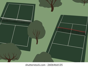 Set of two outdoor tennis courts surrounded by trees. Recreational sports area with netted courts and scenic park views. Ideal space for outdoor activities. Flat vector illustration.