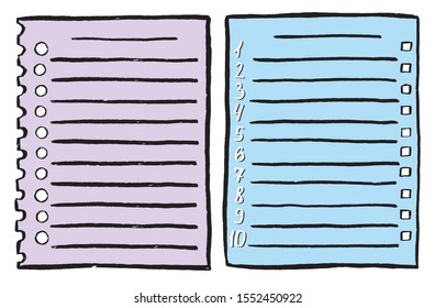 Set of two outline blank form. Vector isolated hand drawn check to do list, check box, place for a tick and numbering. Doodle sketch in cartoon style. Colorful paper note with task plan.