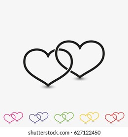 Set Of Two Outline Linked Hearts Vector Icon. Love Symbol Flat Illustration.