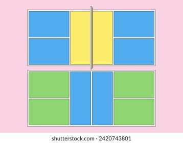 Set of two outlined pickleball courts with vibrant retro colors. Top view court with net and shadow. Flat vector illustration.