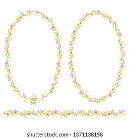 Set of two oval frames and horizontal ornament with flowers and branches with leaves for festive design and decoration. Isolated vector color on white background.