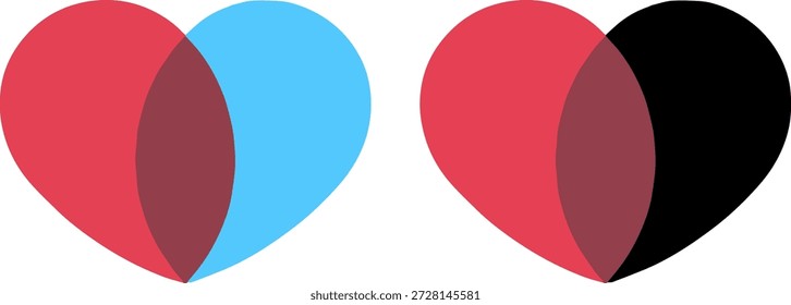 Set of two overlapping heart shapes in red blue and black colors for romantic union and partnership logo design