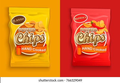 Set of two packaging with chips, classic and with paprika. Vector illustration.