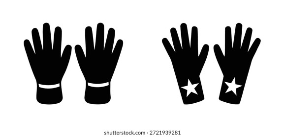 Set of two pairs of black glove icons, one pair with simple wristbands and the other with star emblems, perfect for costume or uniform design elements.