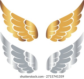 set of two pairs of cupid wings with gold and silver gradient, for holiday designs, invitations, flyers or decorative frames