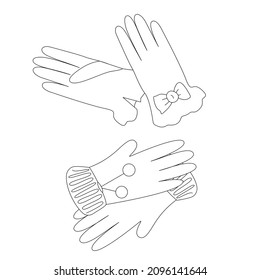 Un conjunto de dos guantes pares. Imagen vectorial de contorno. Adecuado para crear patrones, tarjetas de Navidad, catálogos de ropa, iconos. 