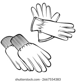 Set of two pairs of protective rubber or textile garden gloves. Vector illustration in hand drawn sketch doodle style. Line art isolated on white for coloring book, print