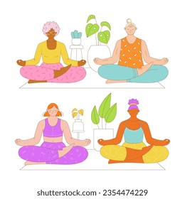 Set of two pairs of women sitting together on the floor in meditation poses. Flat outlined colorful vector illustration. 