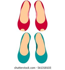 set of two pairs of women's shoes without heels, isolated, sketch illustration, hand drawn, in color