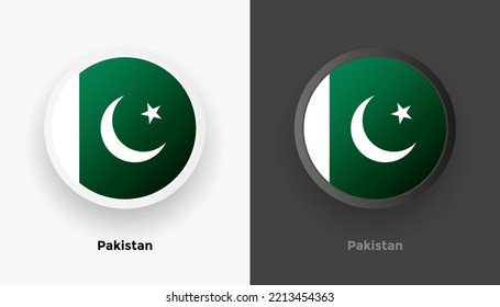 Set von zwei pakistanischen Flaggenknöpfen auf schwarz-weißem Hintergrund. Abstrakte, glänzende, abgerundete Buttons mit Landesflagge
