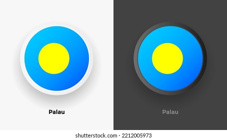 Set of two Palau flag buttons in black and white background. Abstract shiny metallic rounded buttons with national country flag