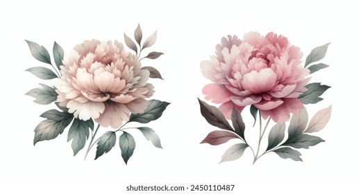 Set of two pale pink peonies with leaves