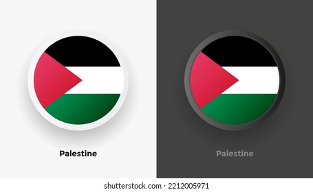 Set of two Palestine flag buttons in black and white background. Abstract shiny metallic rounded buttons with national country flag