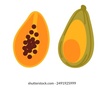 Conjunto de dos papayas, una partida a la mitad y la segunda entera. Fruta tropical de papaya con semillas. Ilustración vectorial aislada sobre fondo blanco