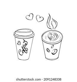 A set of two paper coffee cups.Vector illustration in doodle outline style.Design for greeting cards, posters, t-shirts, banners, printable invitations.