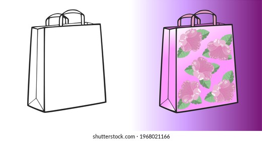 A set of two paper gift bags in black and white and color with a print