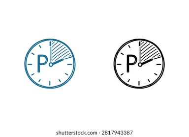A set of two parking clock icons in blue and black line art showing a specific time duration and the letter P for parking regulations.