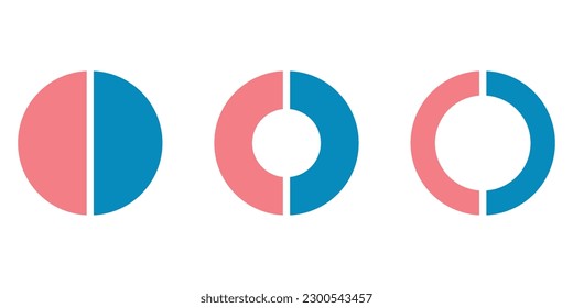 Satz von zwei Teilen des Kreises. Pie-Diagramm mit zwei gleichen Sektoren. Vektorgrafik einzeln auf weißem Hintergrund.