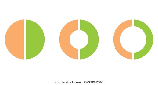 Set of two parts of circle. Pie chart with two same size sectors. Vector illustration isolated on white background.