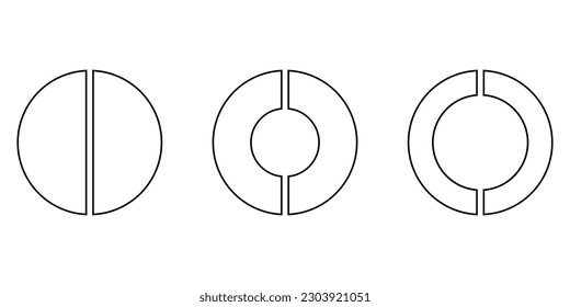 Set of two parts of circle. Pie chart with two same size sectors. Vector illustration isolated on white background.
