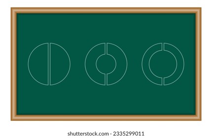 Set of two parts of circle. Pie chart with two same size sectors. Mathematics resources for teachers and students.