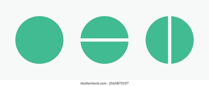 Set of two parts of circle. Pie chart with two same size sectors.