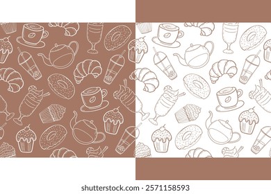 Set of two pastry and coffee seamless patterns in doodle engraved sketch style. Baked goods: donuts, muffins, croissants, latte, cappuccino, americano, mocha. Coffee color and white background