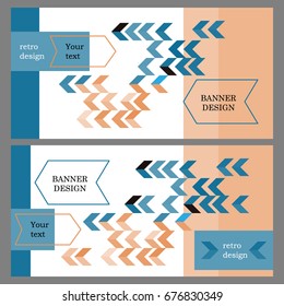 Set of two patterns - banner design in retro style. Geometric, abstract bright pattern with arrows (blue)