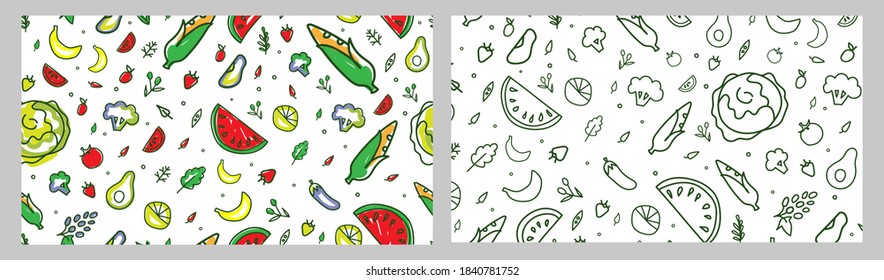A set of two patterns. Color and linear drawing for the corporate style of the vegetable shop. Fruits and vegetables are repeated on a white background. Freehand drawing, vector illustration.