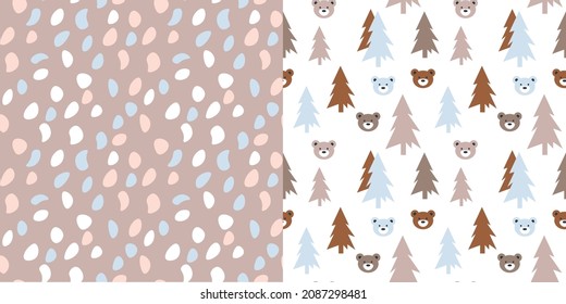 
set of two patterns, cute spots and bears in the forest. Stylish pattern for children's products, clothing, pajamas, packaging