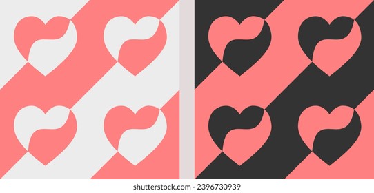 A set of two patterns: dark and light options. Two-tone pattern with lines and hearts in pastel colors. Dark and light with pink. Vector minimalistic illustration.