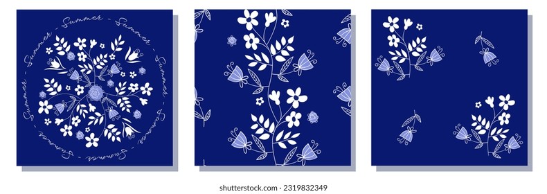 Set of two patterns and illustration with white-blue flowers on a dark blue background. Vector