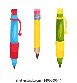 Set of two pens and one pencil. Vector illustration on a white background.