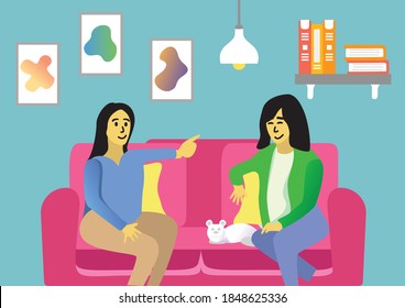 Set two people talking girl women in home quarantine