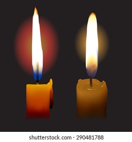 Set of two photo-realistic candles on black background. Vector illustration.